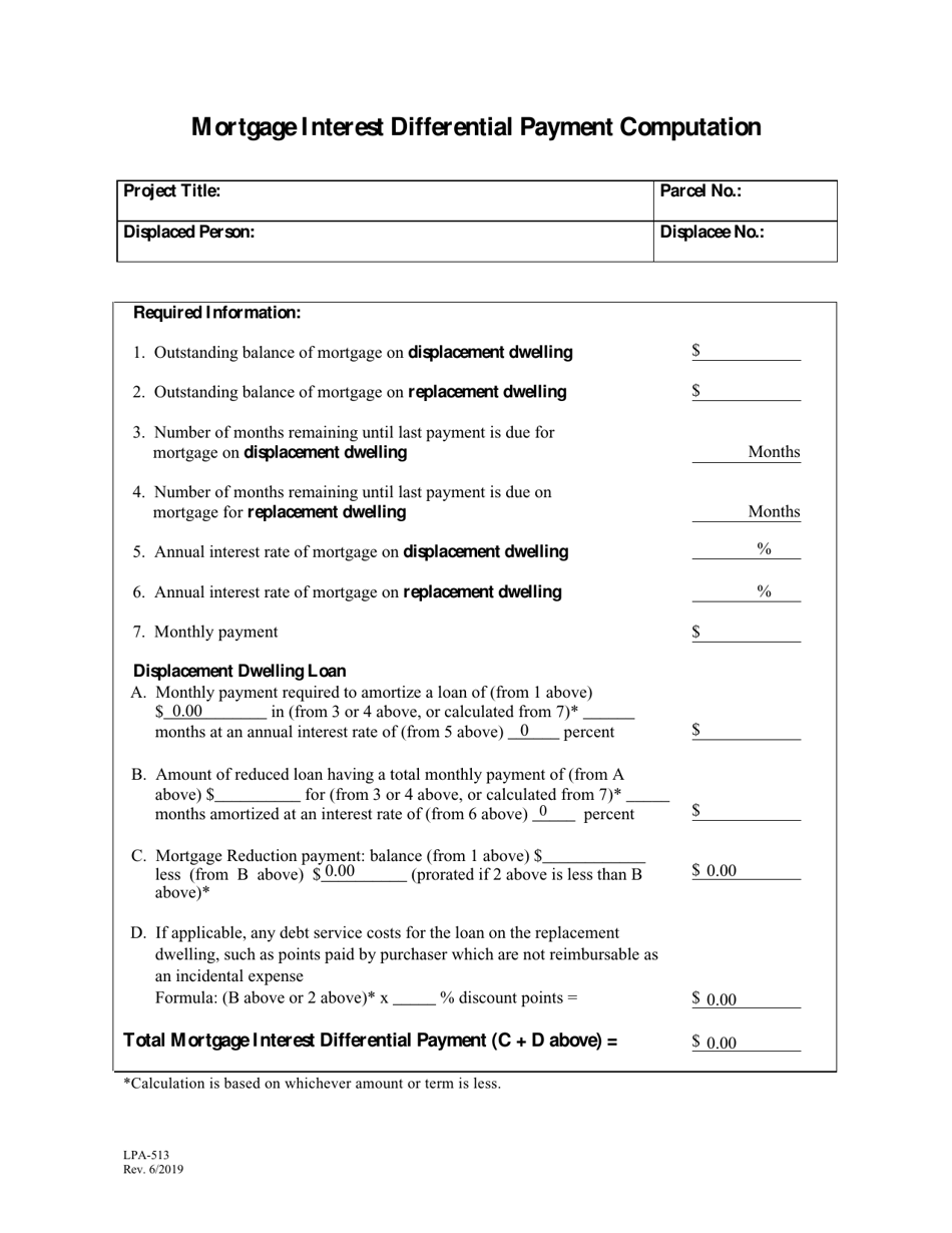 Form LPA-513 Mortgage Interest Differential Payment Computation - Washington, Page 1