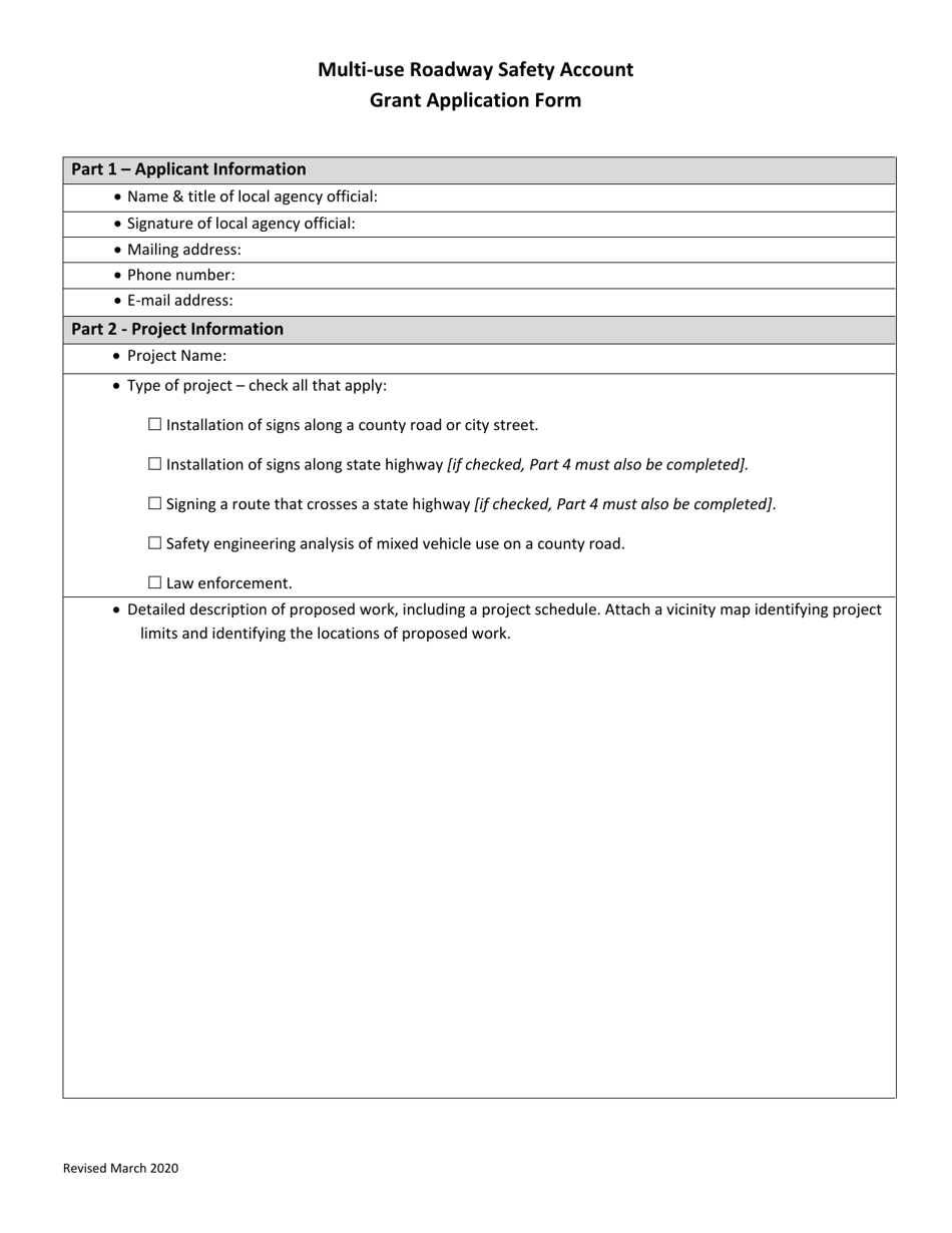 Multi-Use Roadway Safety Account Grant Application Form - Washington, Page 1