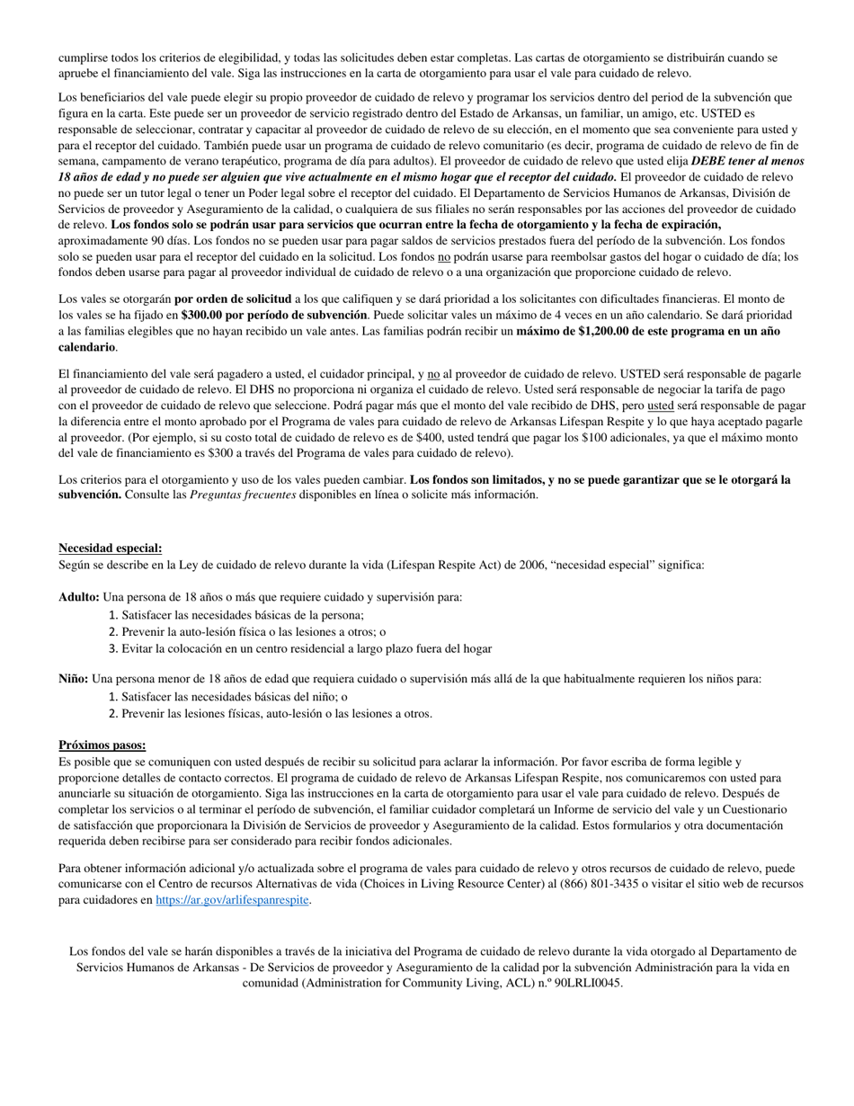 Solicitud Del Programa De Vales Para Cuidado De Relevo Lifespan - Arkansas (Spanish), Page 2