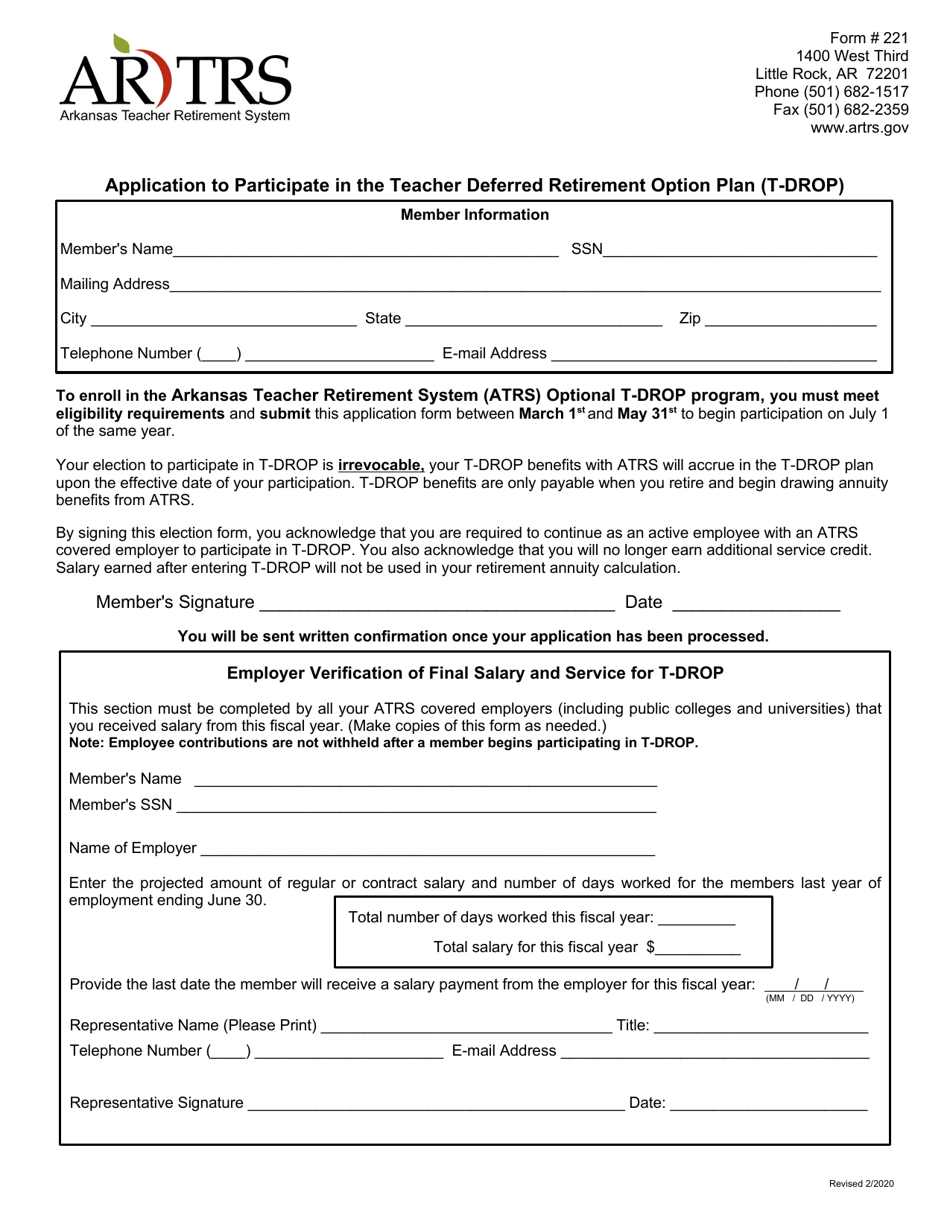 Form 221 Application to Participate in the Teacher Deferred Retirement Option Plan (T-Drop) - Arkansas, Page 1