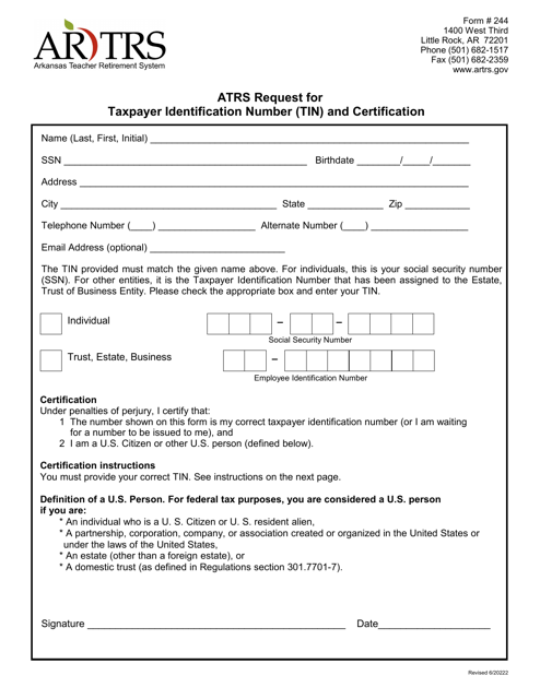 Form 244 Atrs Request for Taxpayer Identification Number (Tin) and Certification - Arkansas