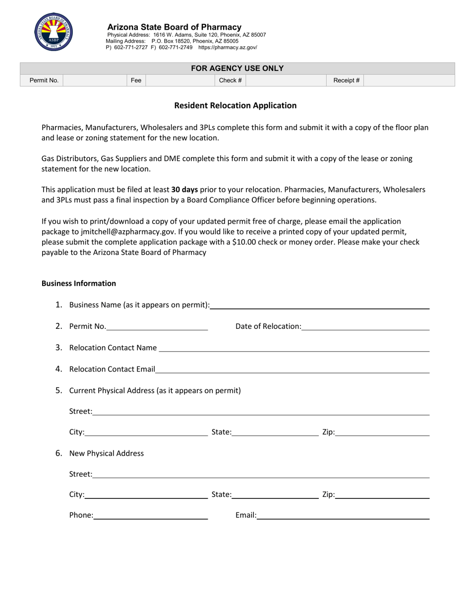 Resident Relocation Application - Arizona, Page 1