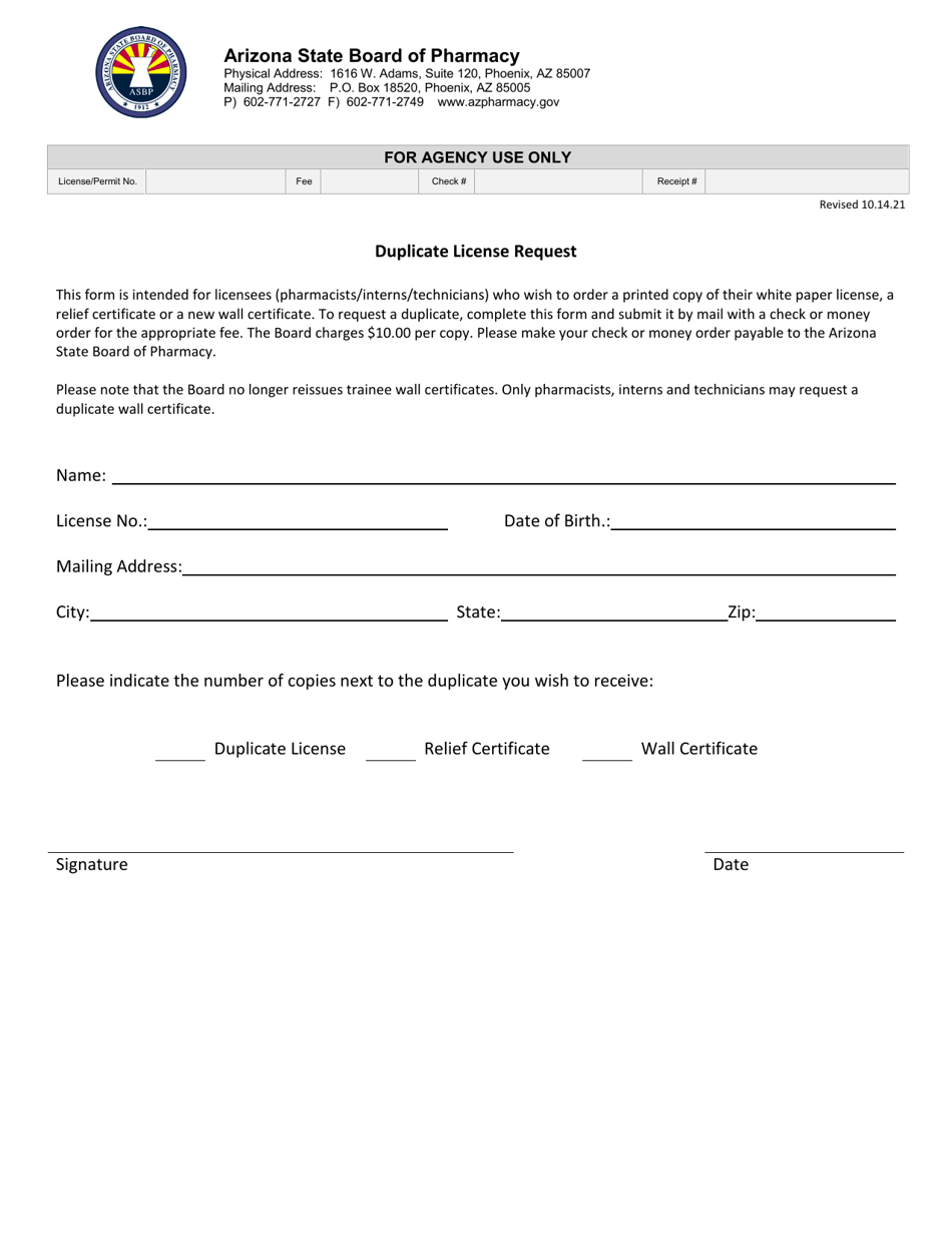 Duplicate License Request - Arizona, Page 1