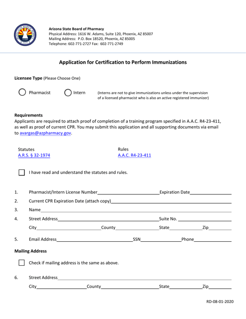 Application for Certification to Perform Immunizations - Arizona Download Pdf