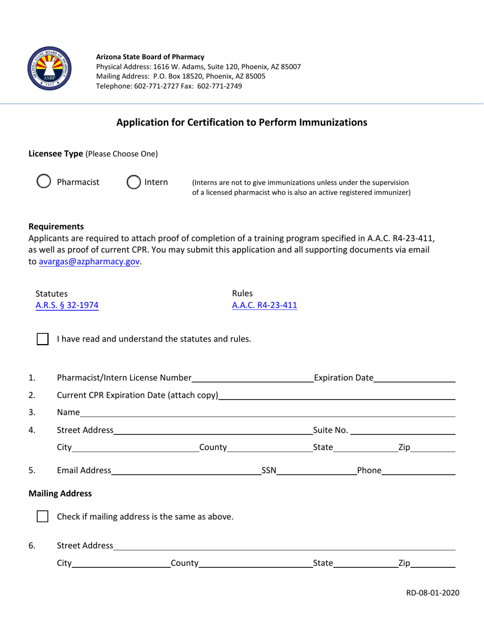 Application for Certification to Perform Immunizations - Arizona, Page 1