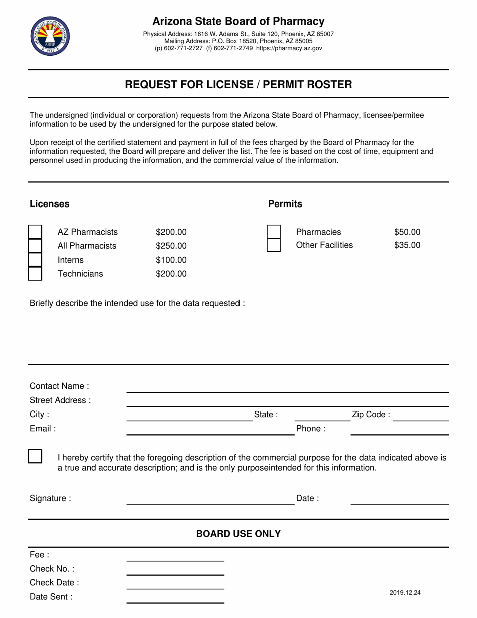 Request for License / Permit Roster - Arizona, Page 1