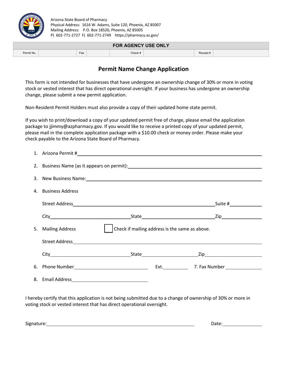 Permit Name Change Application - Arizona, Page 1