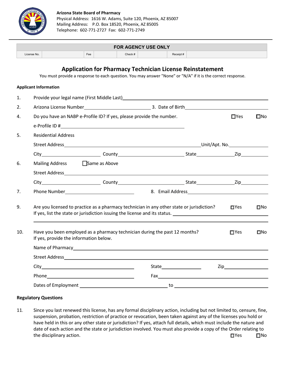 Application for Pharmacy Technician License Reinstatement - Arizona, Page 3