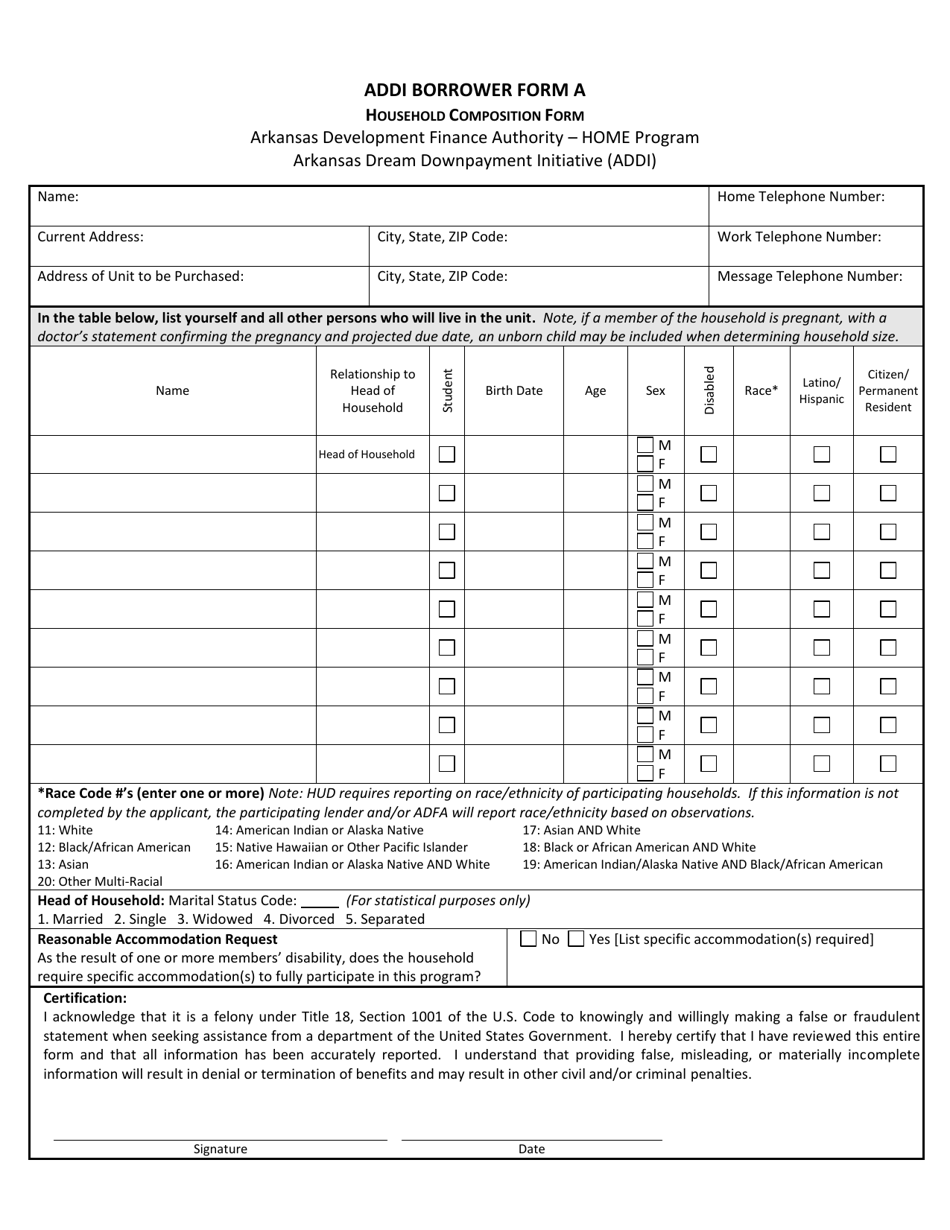 ADDI BORROWER Form A Household Composition Form - Home Program - Arkansas Dream Downpayment Initiative (Addi) - Arkansas, Page 1