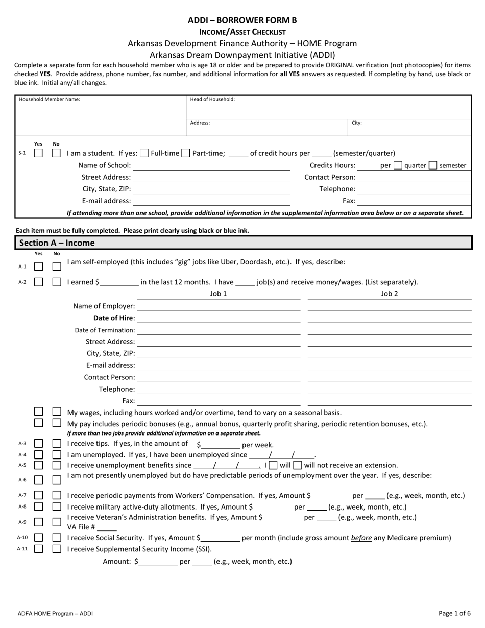 ADDI BORROWER Form B Income / Asset Checklist - Home Program - Arkansas Dream Downpayment Initiative (Addi) - Arkansas, Page 1