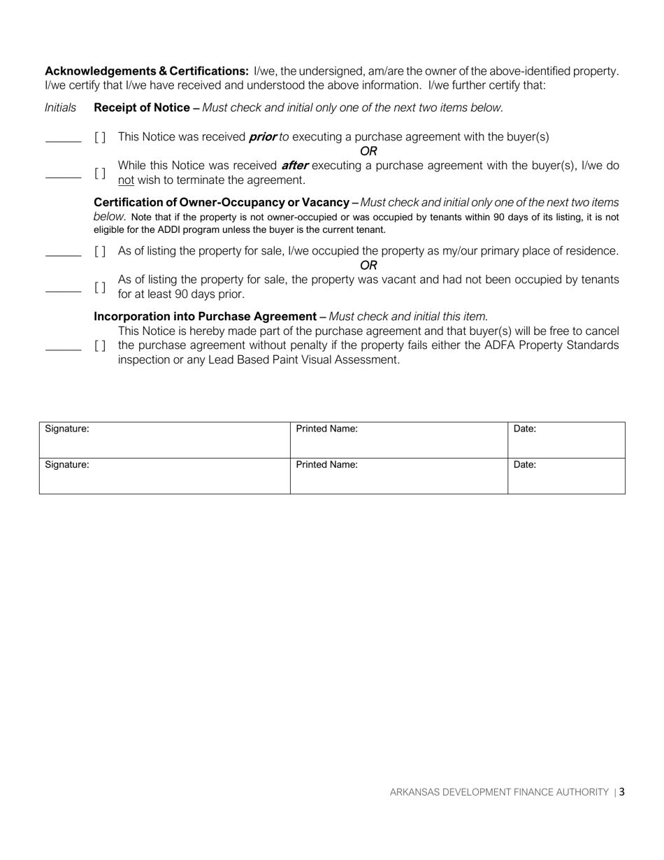 Addi Seller Notice - Adfa Arkansas Dream Down-Payment Initiative (Addi) Home Program - Arkansas, Page 3