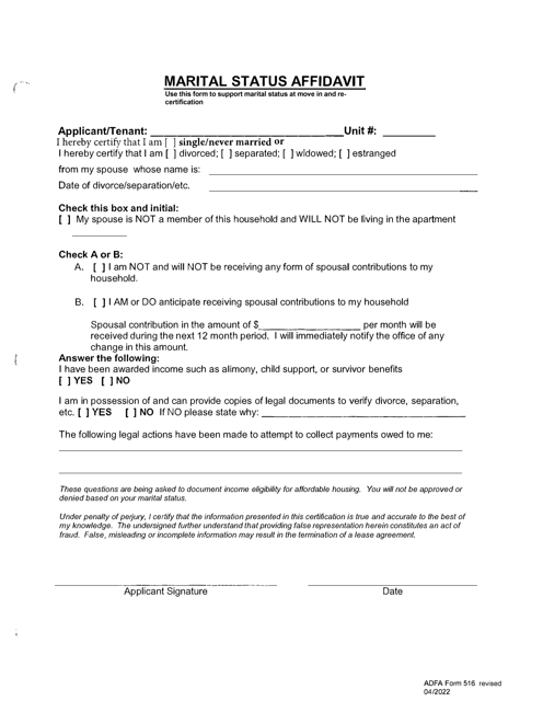 ADFA Form 516 Marital Status Affidavit - Arkansas