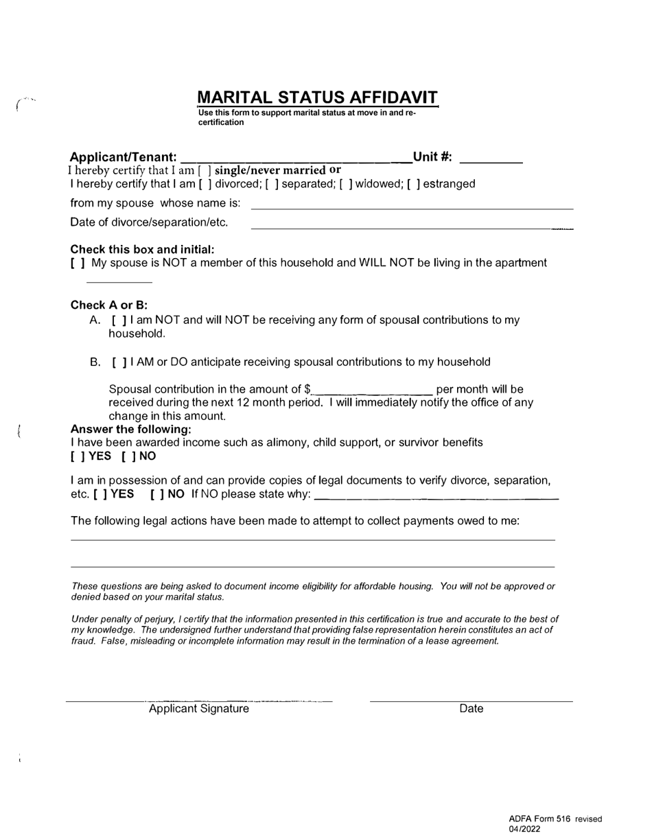 ADFA Form 516 Marital Status Affidavit - Arkansas, Page 1