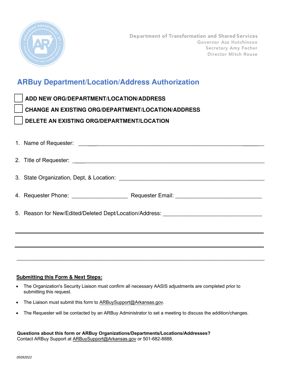 Arbuy Department / Location / Address Authorization - Arkansas, Page 1