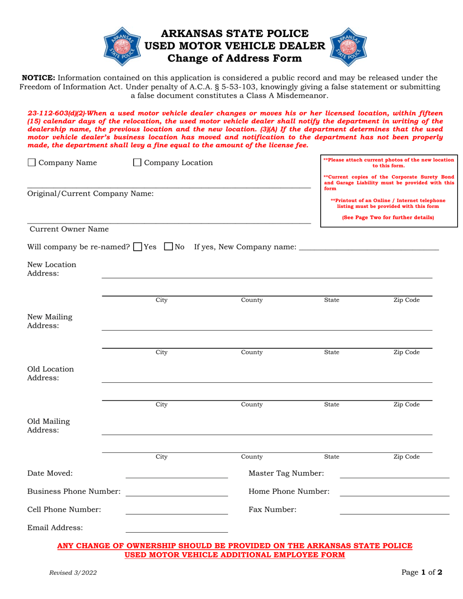 Used Motor Vehicle Dealer Change of Address Form - Arkansas, Page 1