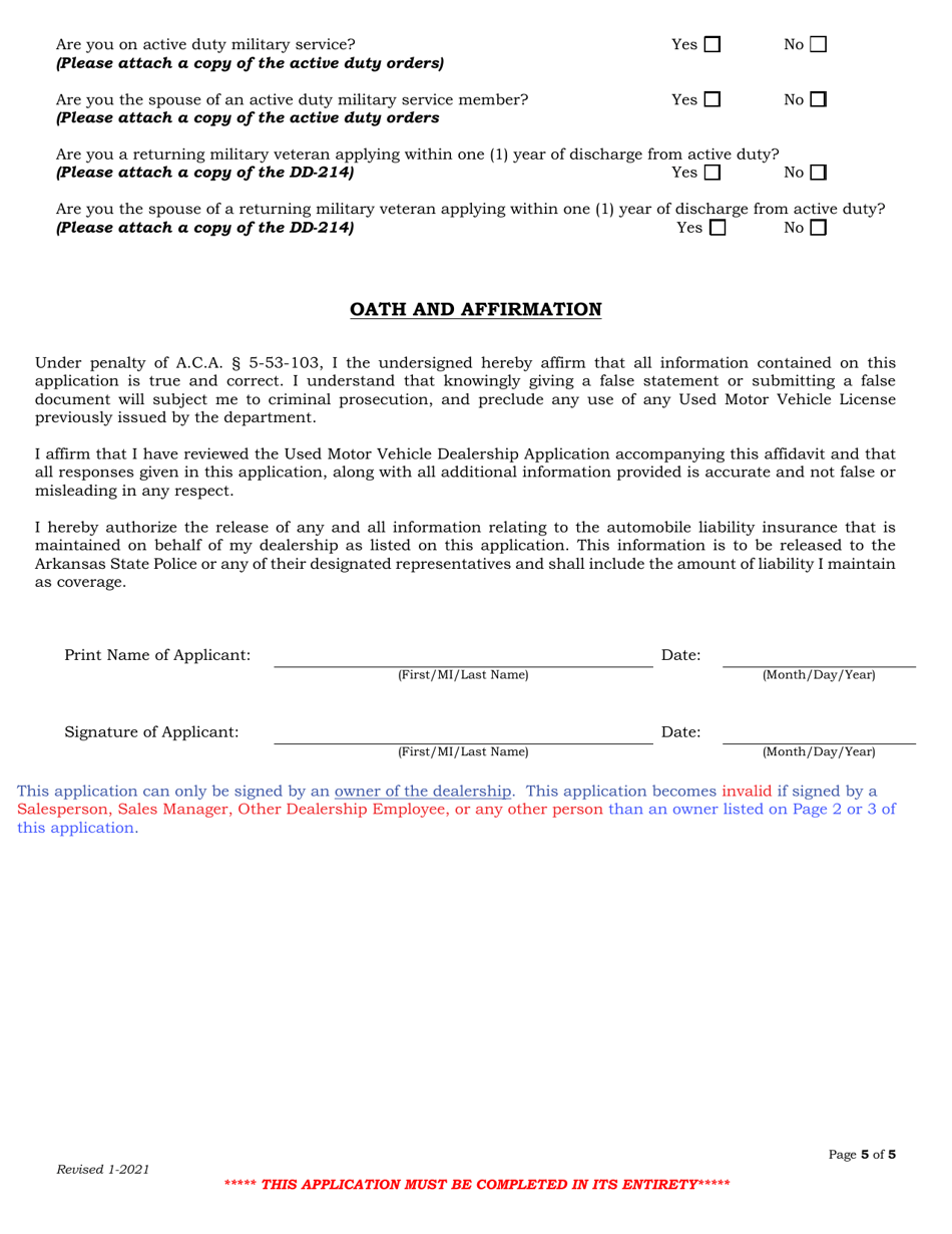 Used Motor Vehicle Dealer License Application Form - Arkansas, Page 5