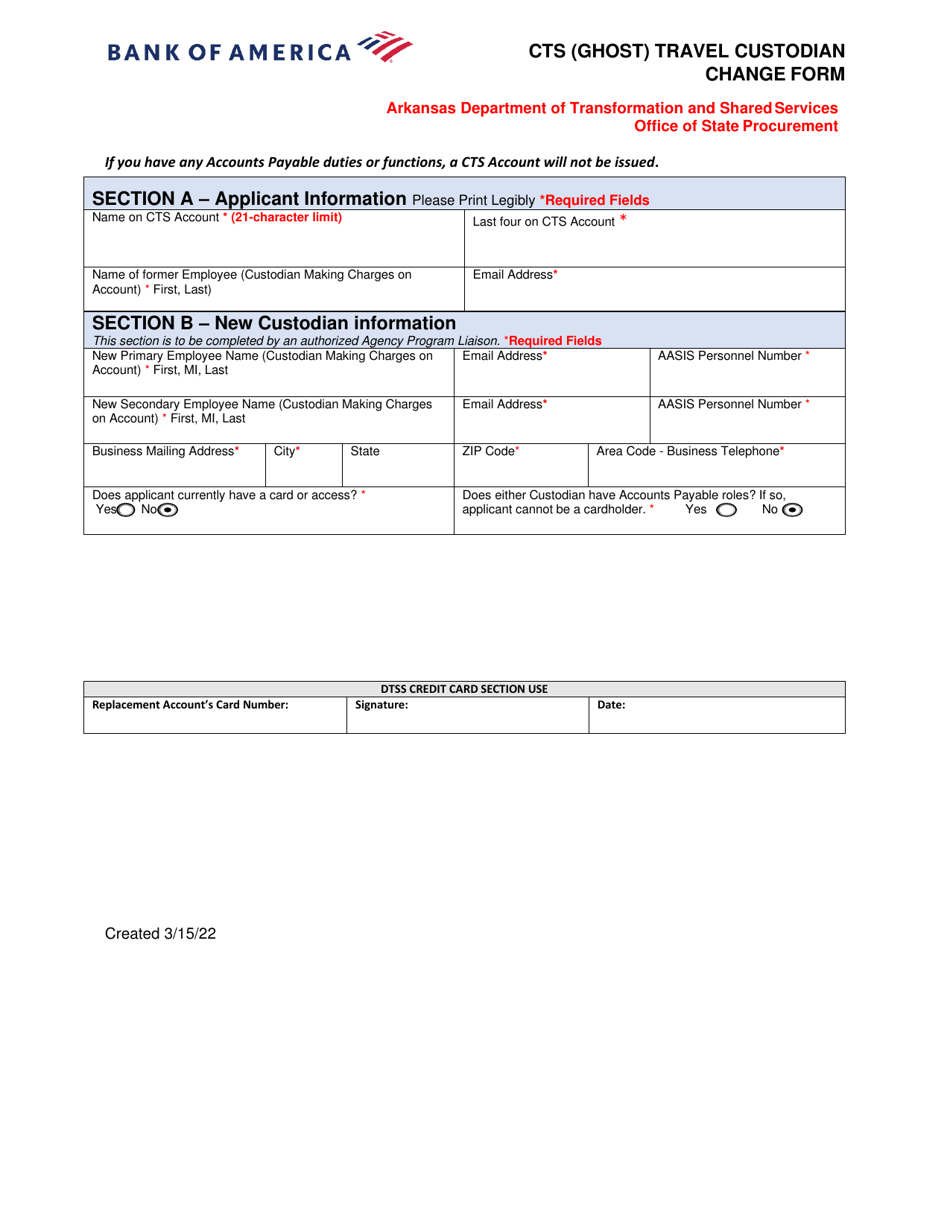 Cts (Ghost) Travel Custodian Change Form - Arkansas, Page 1