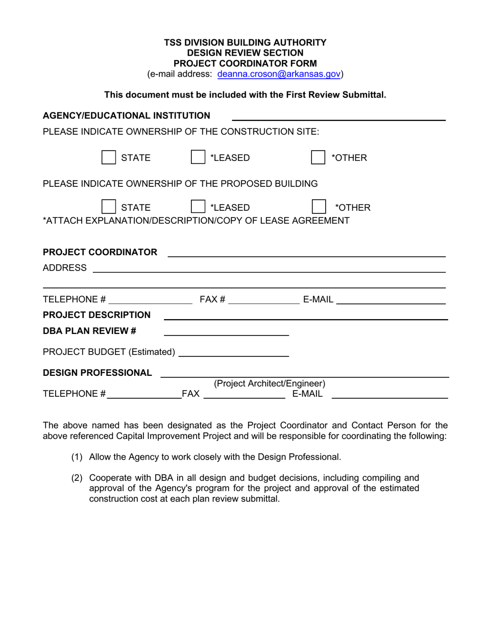 Project Coordinator Form - Arkansas, Page 1