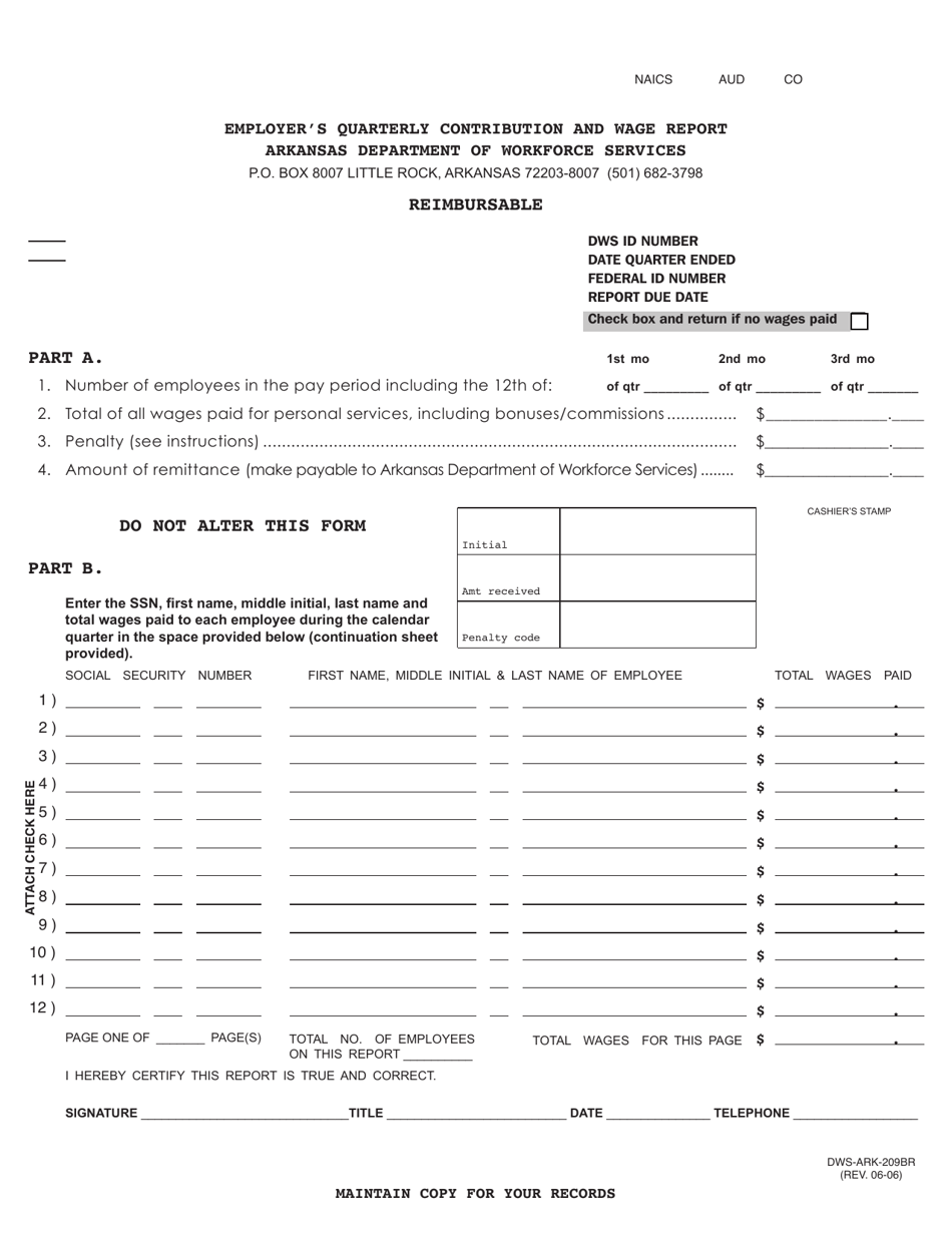 Form DWS-ARK-209BR Employers Quarterly Contribution and Wage Report (Reimbursable) - Arkansas, Page 1