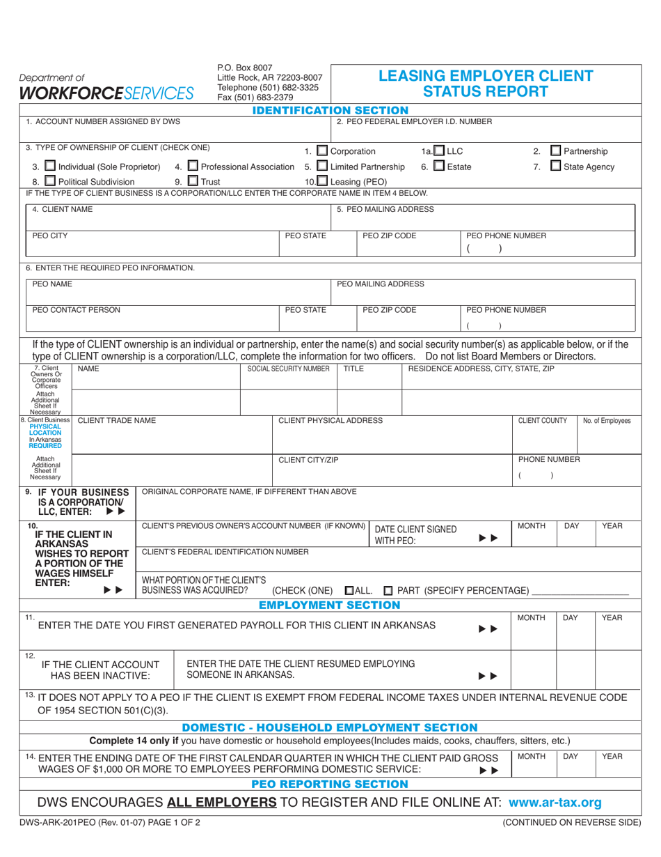 Form DWS-ARK-201PEO Leasing Employer Client Status Report - Arkansas, Page 1