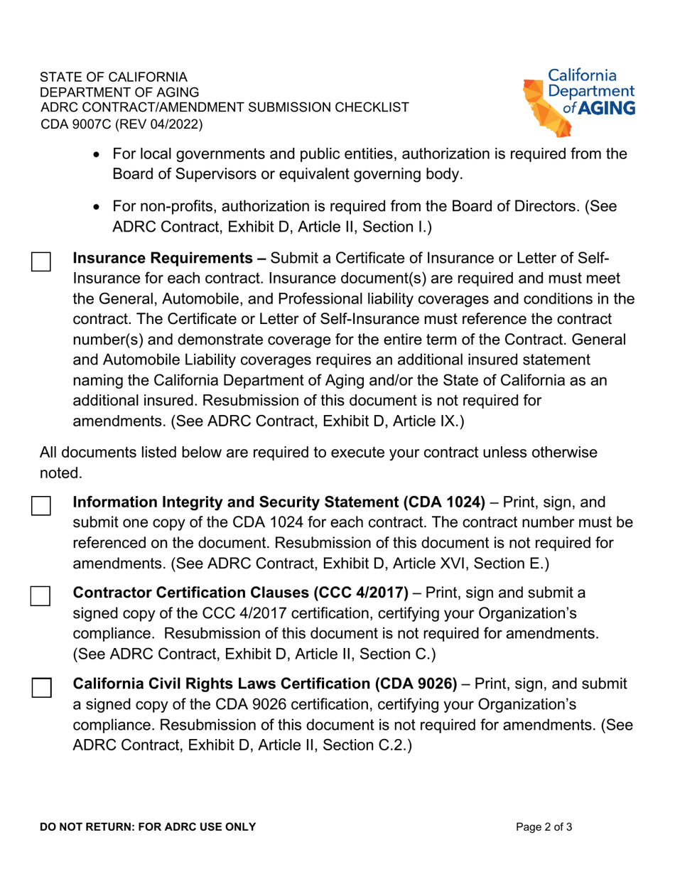 Form CDA9007C Adrc Contract / Amendment Submission Checklist - California, Page 2