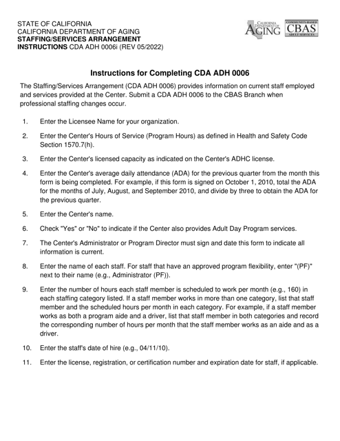Instructions for Form CDA ADH0006 Staffing/Services Arrangement - California