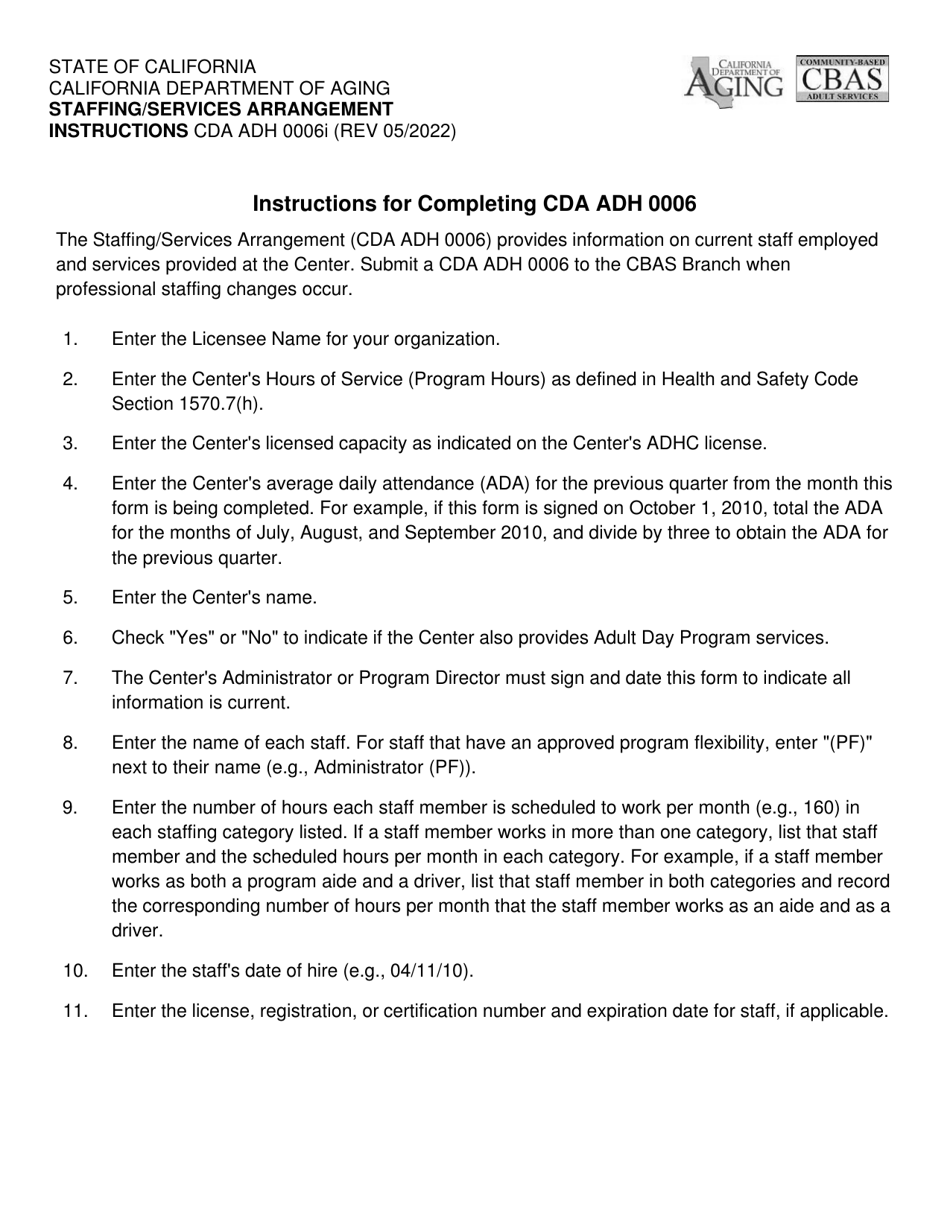 Instructions for Form CDA ADH0006 Staffing / Services Arrangement - California, Page 1