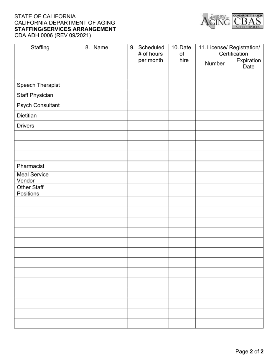Form CDA ADH0006 Staffing / Services Arrangement - California, Page 2