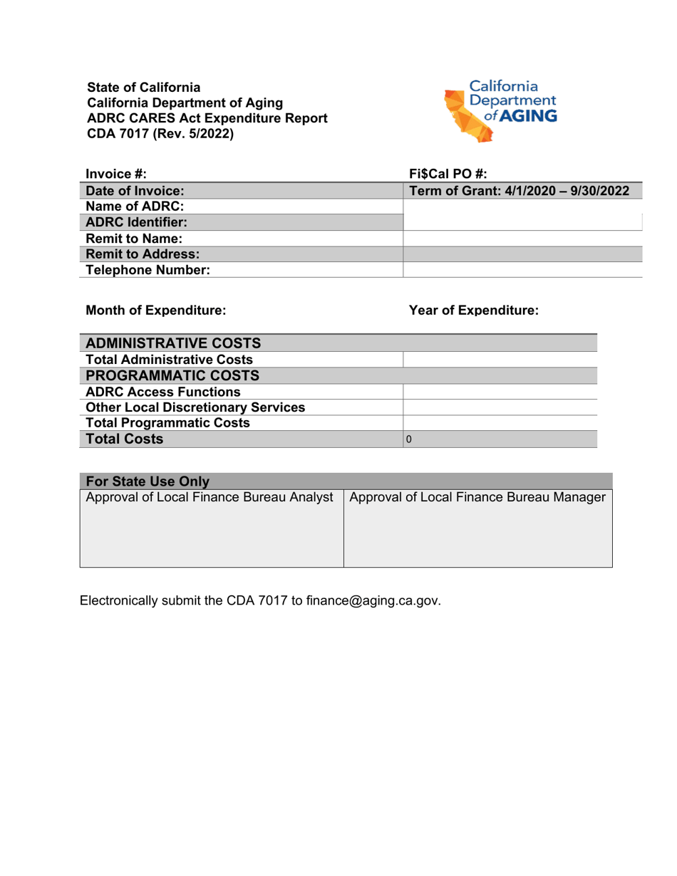 Form CDA7017 Adrc CARES Act Expenditure Report - California, Page 1