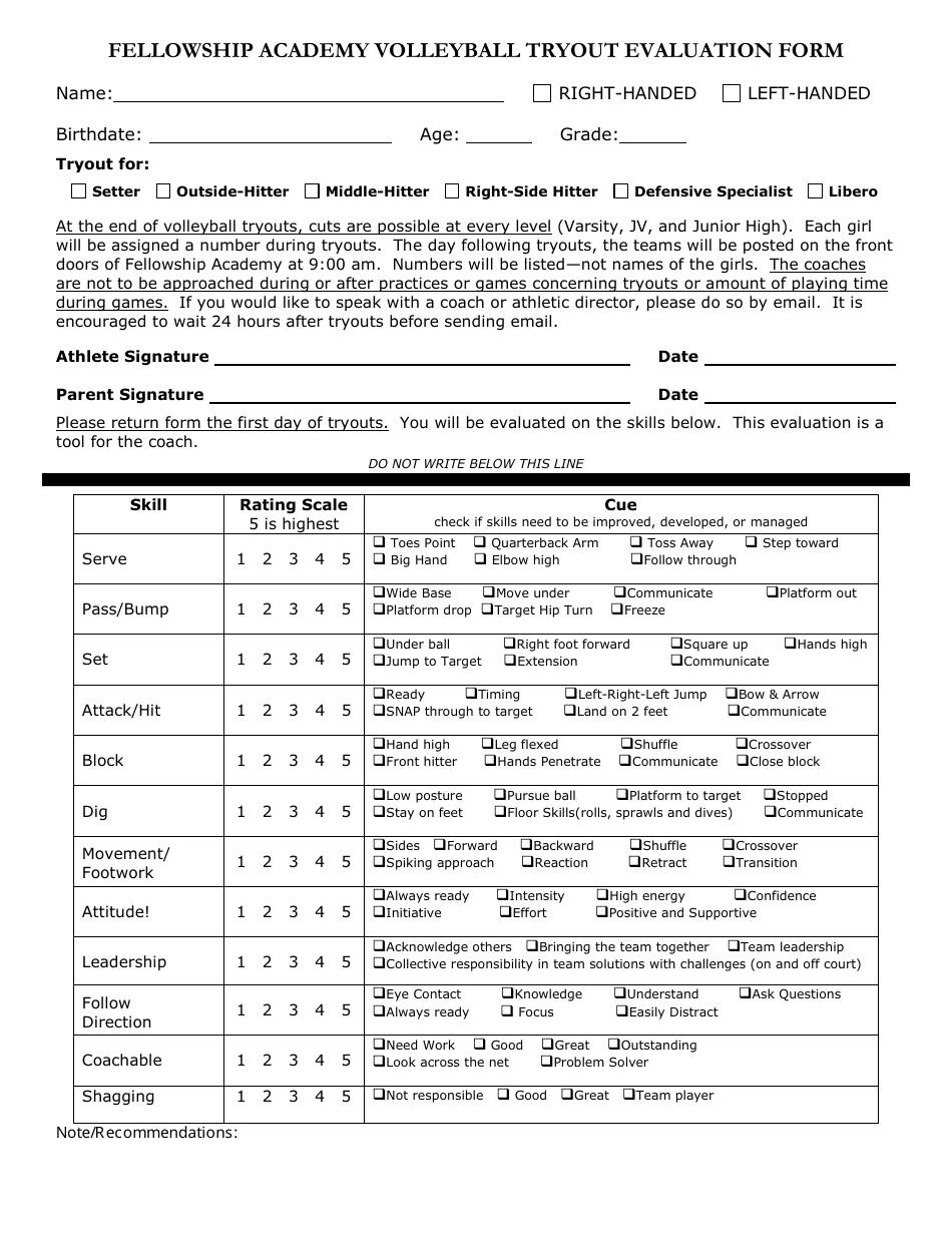 Volleyball Tryout Evaluation Form - Fellowship Academy, Page 1
