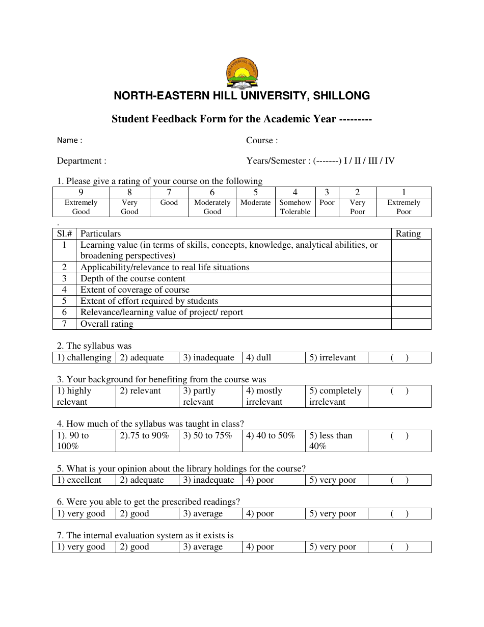 Student Feedback Form - North-Eastern Hill University, Page 1