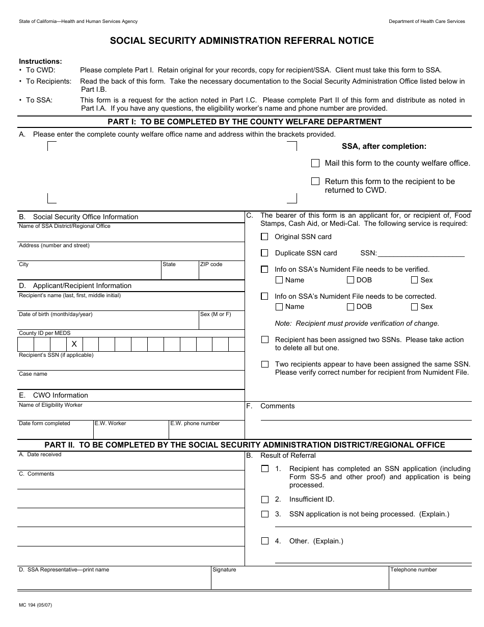 Form MC194 Administration Referral Notice - California, Page 1
