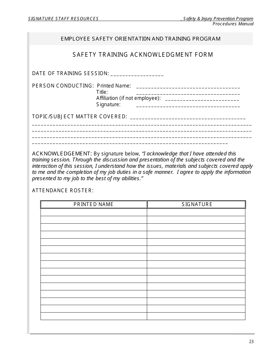 Safety Training Acknowledgment Form, Page 1