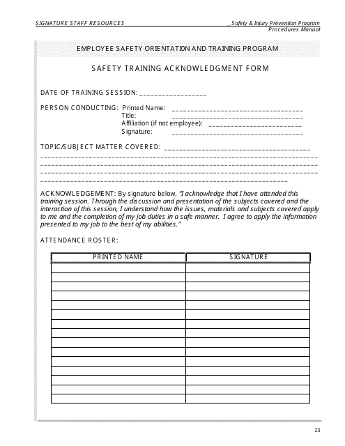 Training Acknowledgement Form Download Printable Pdf Templateroller 