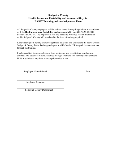 HIPAA Basic Training Acknowledgement Form - Sedgwick County, Kansas Download Pdf