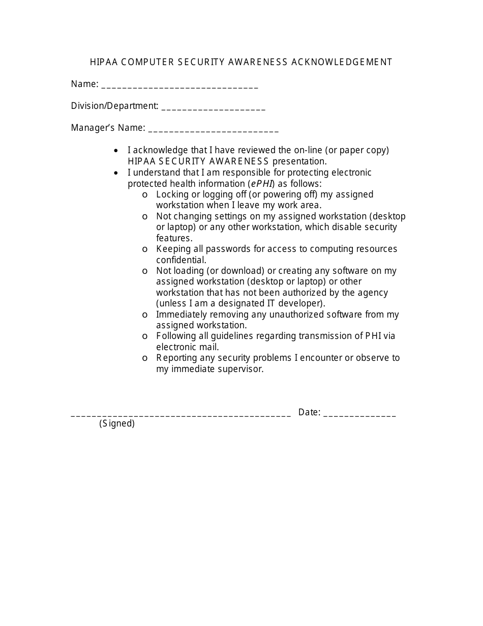 HIPAA Computer Security Training Acknowledgement Form - Virginia, Page 1
