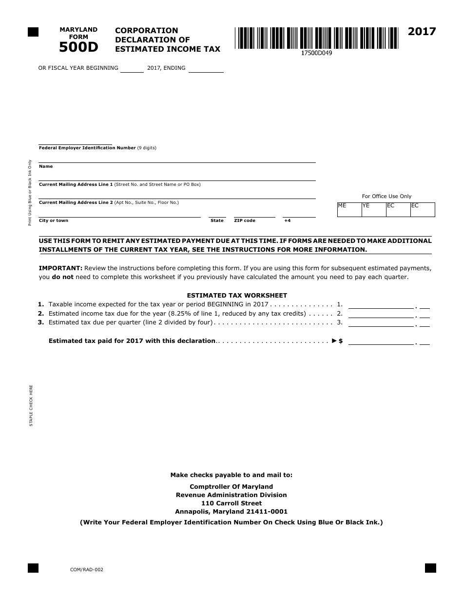 Form 500D Corporation Declaration of Estimated Income Tax - Maryland, Page 1
