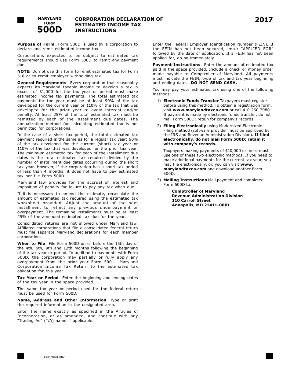 Form 500D Corporation Declaration of Estimated Income Tax - Maryland, Page 2