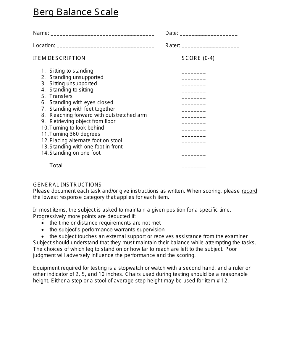 Berg Balance Scale Form Fill Out, Sign Online and Download PDF