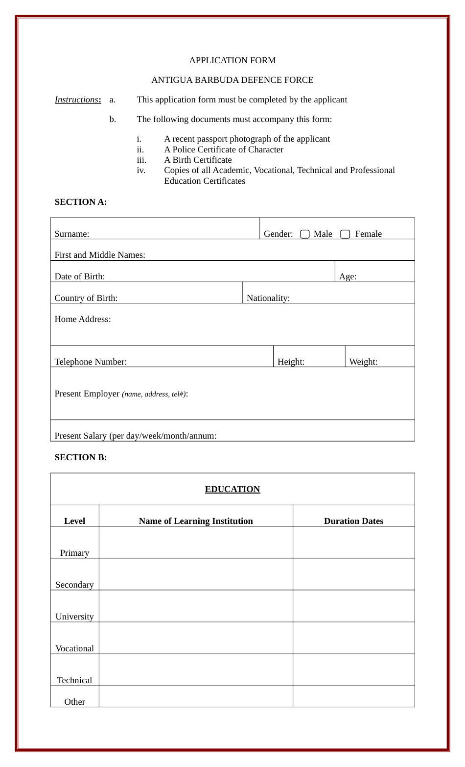 Antigua And Barbuda Application Form Download Printable