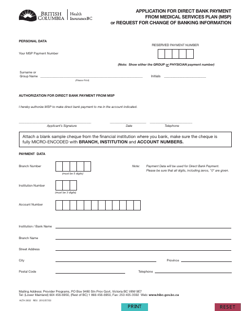 Form HLTH2832 Application for Direct Bank Payment From Medical Services Plan (Msp) or Request for Change of Banking Information - British Columbia, Canada