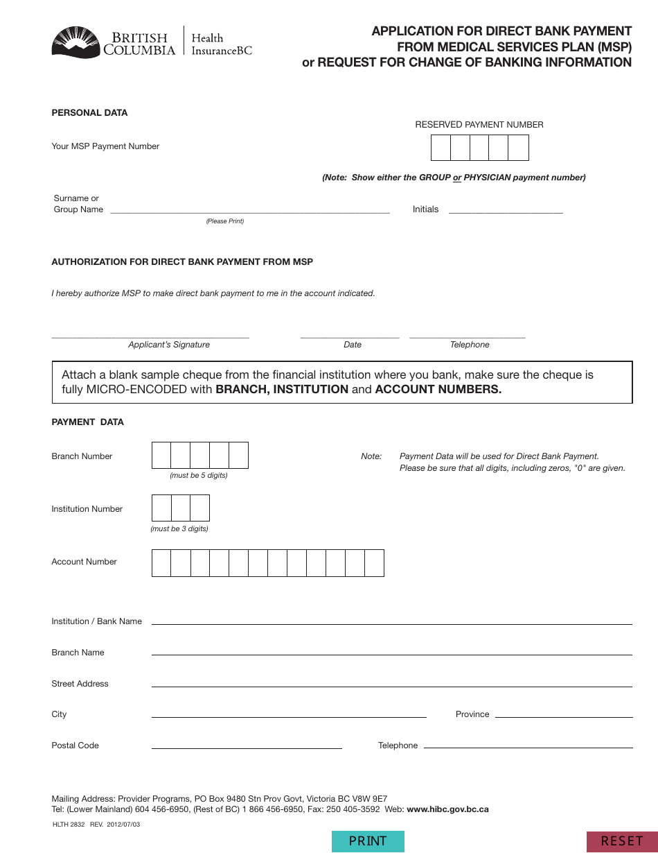 Form HLTH2832 Application for Direct Bank Payment From Medical Services Plan (Msp) or Request for Change of Banking Information - British Columbia, Canada, Page 1