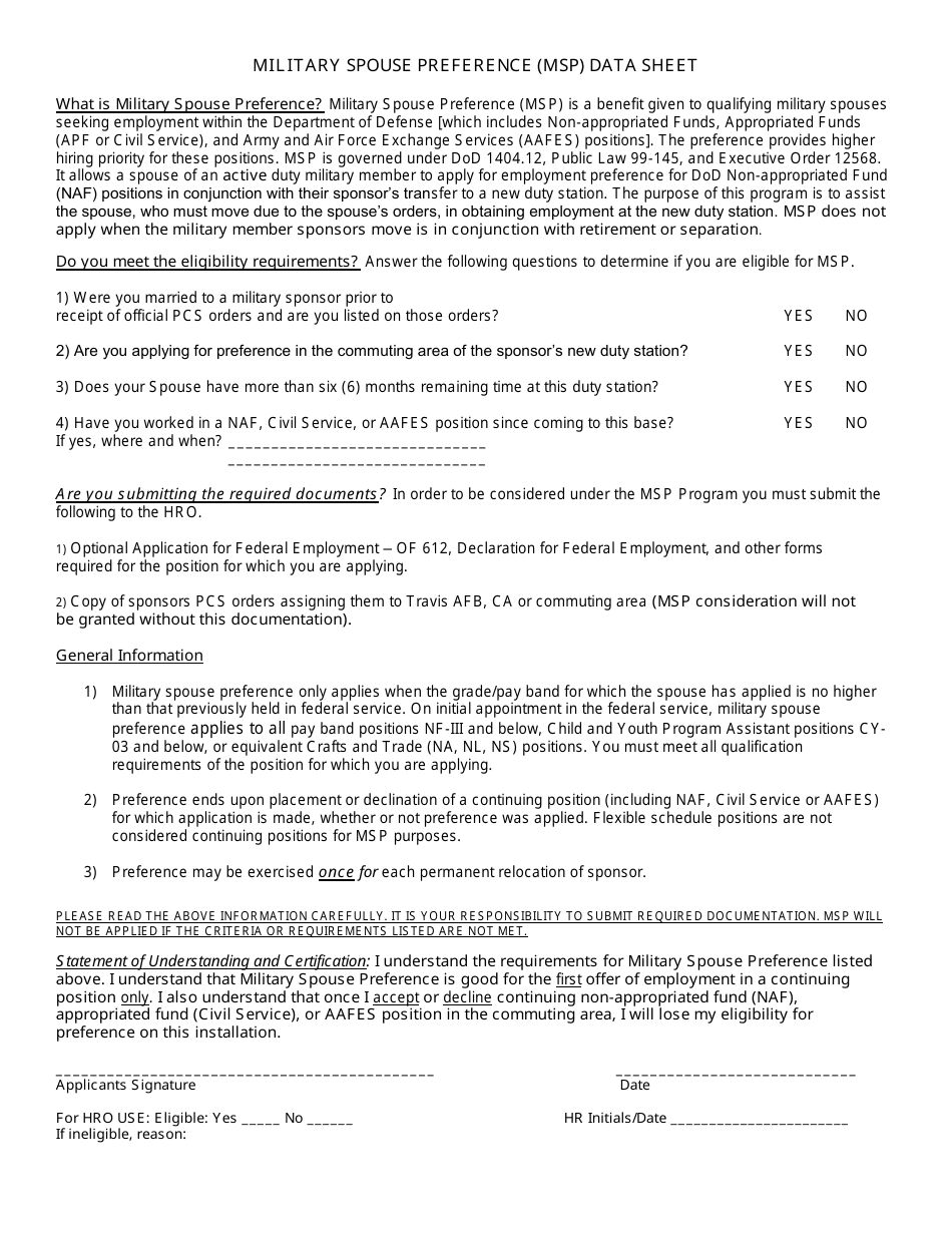 Military Spouse Preference Data Sheet Form - Fill Out, Sign Online and ...