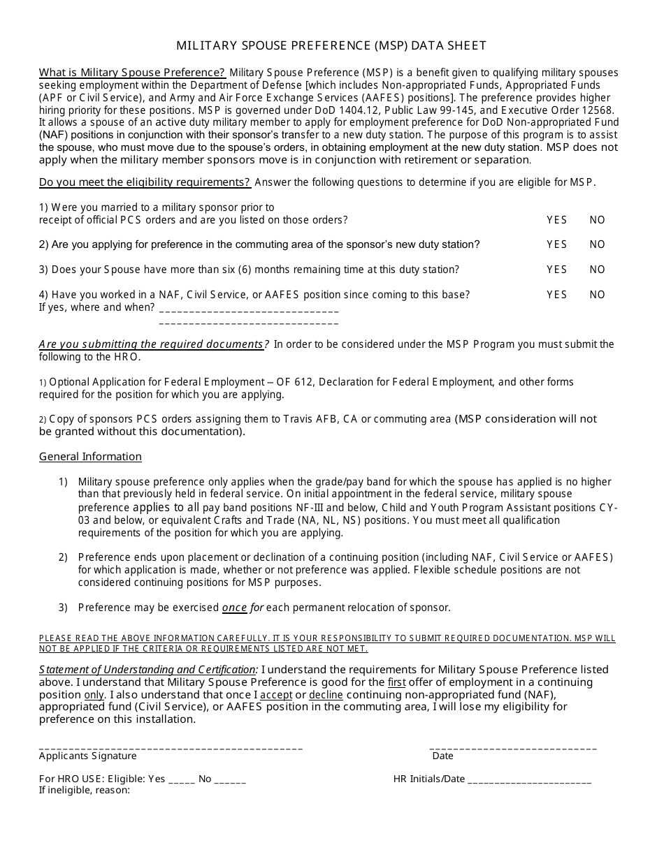 Military Spouse Preference Data Sheet Form, Page 1