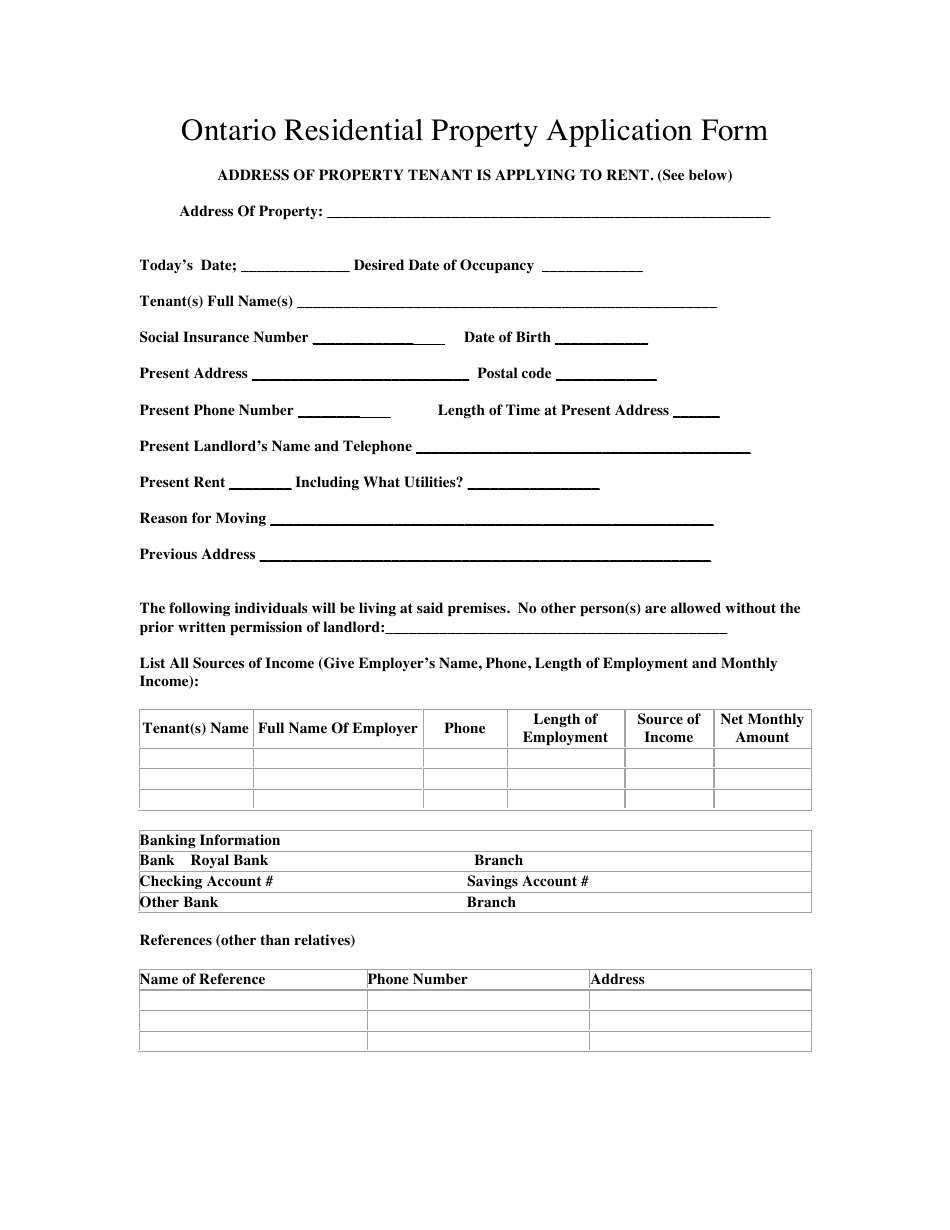 Residential Property Application Form - Ontario, Canada, Page 1