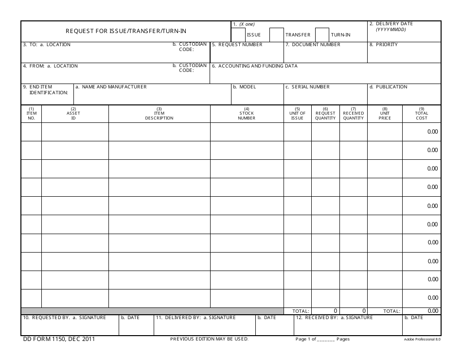 DD Form 1150 Request for Issue / Transfer / Turn-In, Page 1
