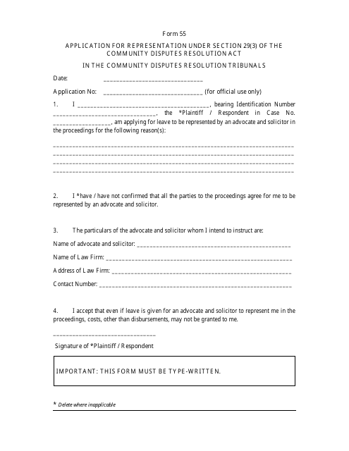 Form 55 Application for Representation Under Section 29(3) of the Community Disputes Resolution Act - Singapore