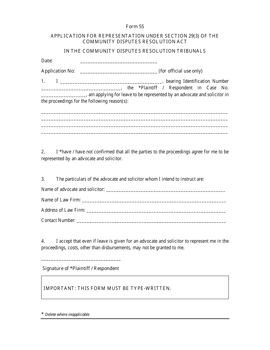Form 55 Application for Representation Under Section 29(3) of the Community Disputes Resolution Act - Singapore, Page 1