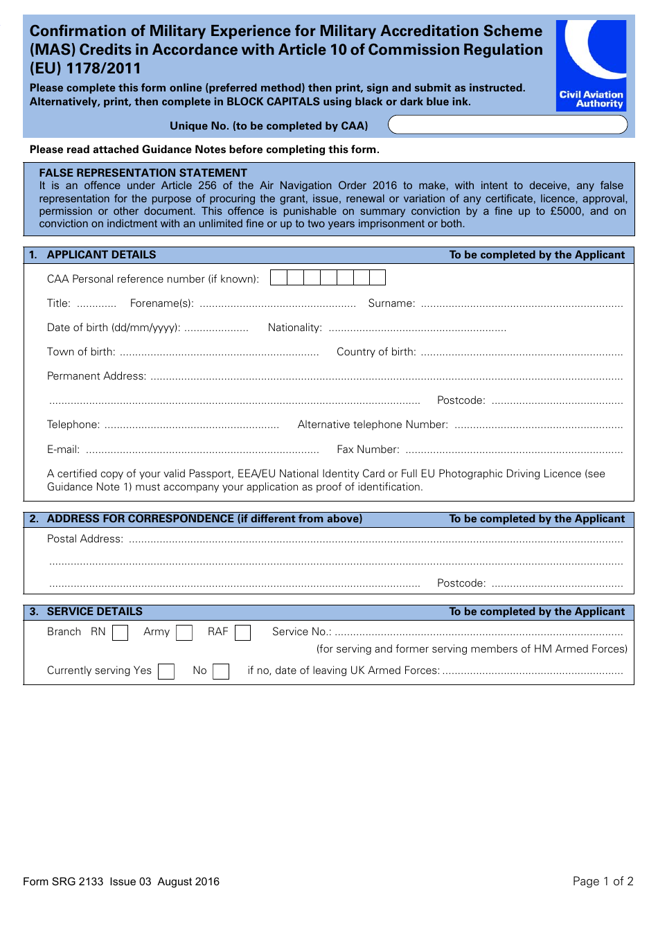 Form SRG2133 Confirmation of Military Experience for Military Accreditation Scheme (Mas) Credits in Accordance With Article 10 of Commission Regulation (Eu) 1178 / 2011 - United Kingdom, Page 1