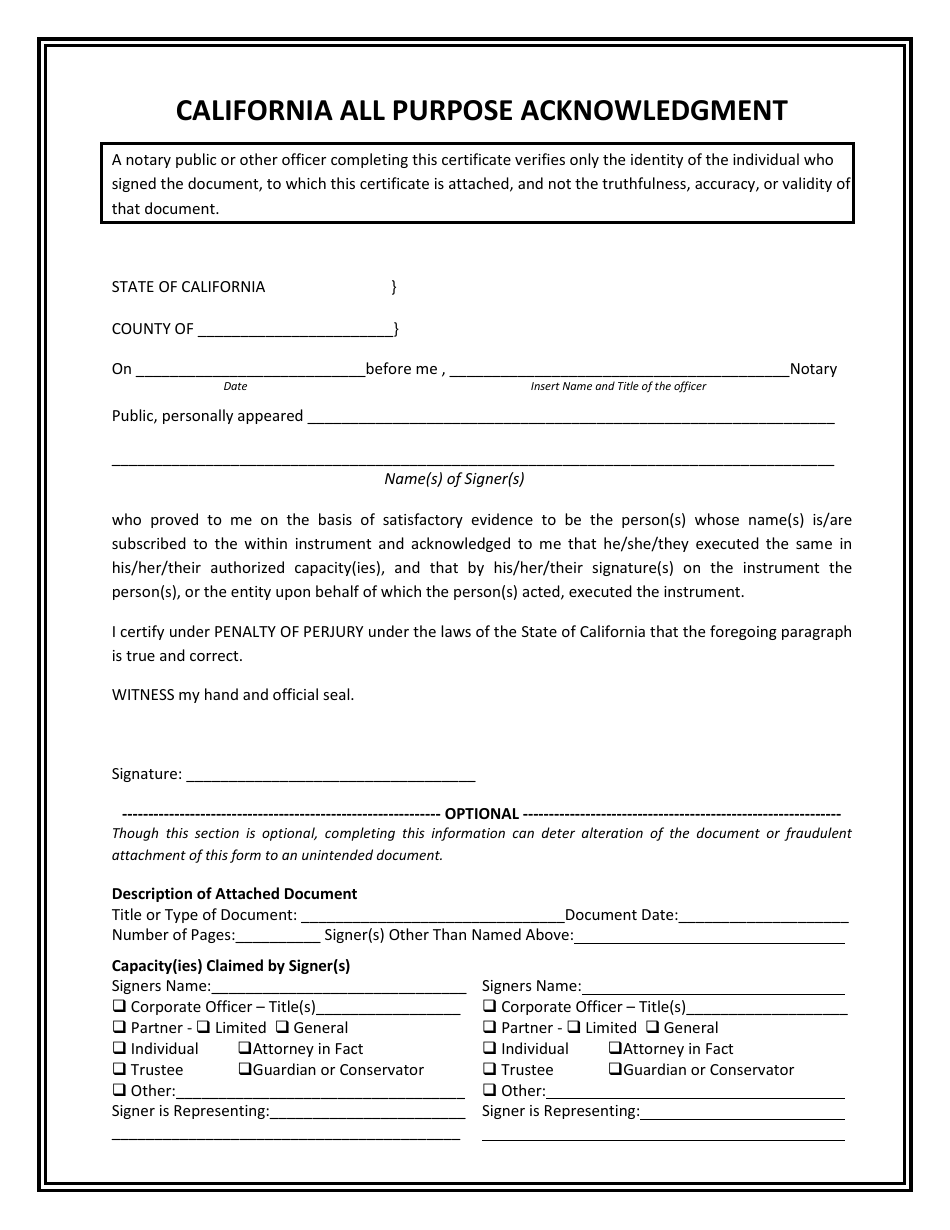 All Purpose Acknowledgment Form - California, Page 1